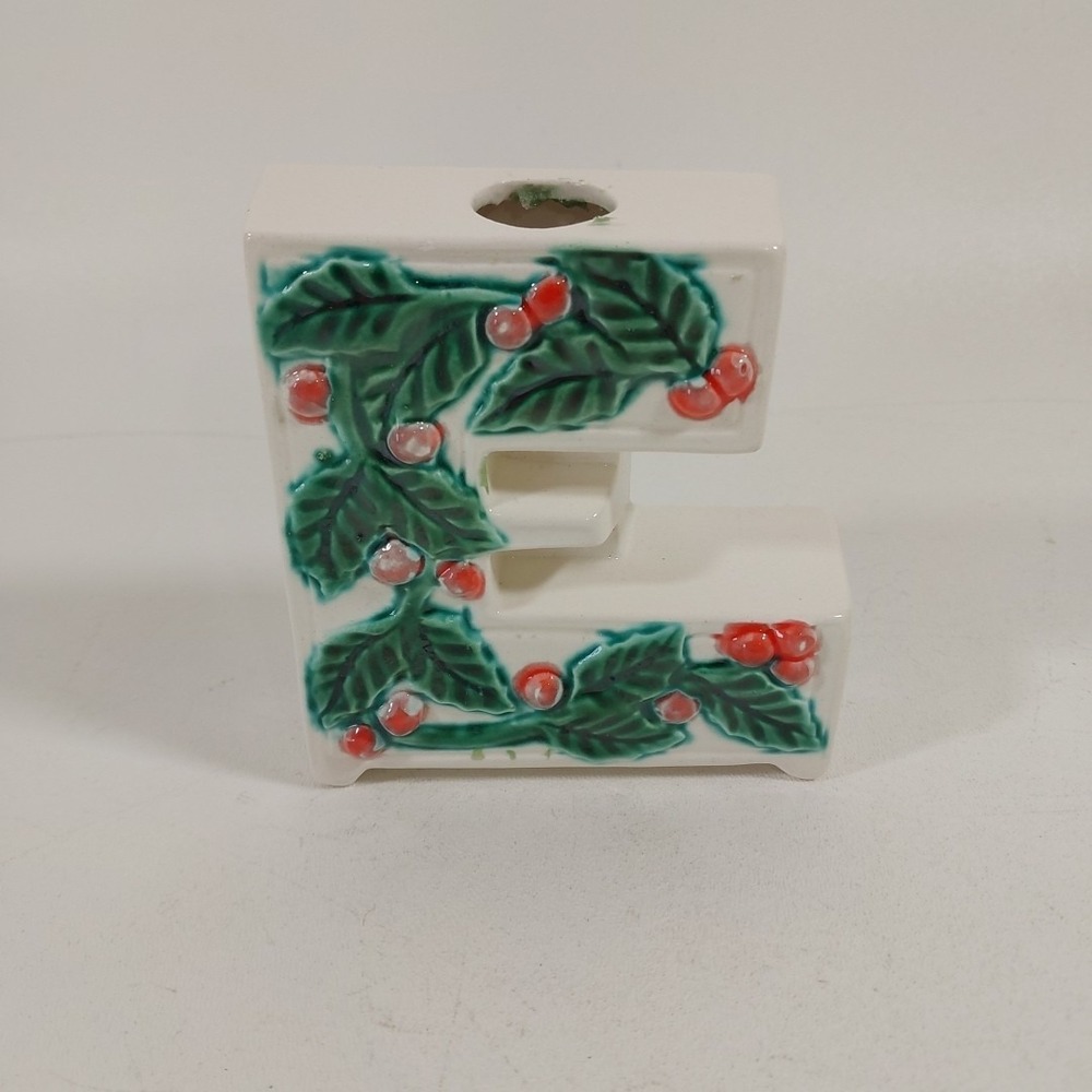 Vtg NOEL Letters Candle Holder White Ceramic Raised Holly/Berries Replacement E